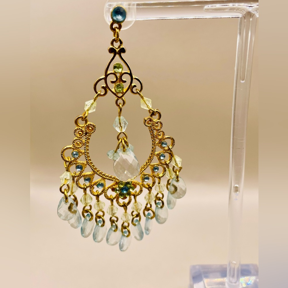 Drop dangle gold and light blue bead teardrop cathedral earring with rhinestones - Picture 2 of 5